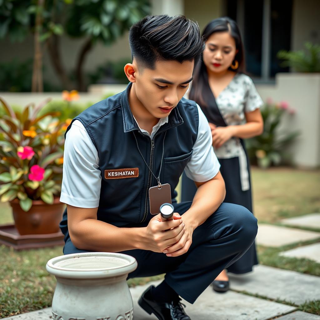 A handsome young Malaysian man with a burst fade hairstyle, wearing a white short-sleeved uniform without a tie, covered by a dark blue zipped collar vest featuring the Malaysia ministry’s logo on the left pocket