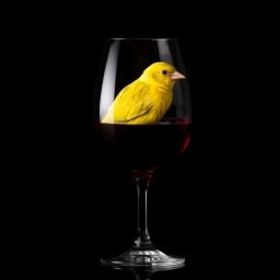 a vivid canary inside a crystal wine glass filled with deep red wine, situated against a dark, moody background, creating a striking contrast, the glass reflecting minimal light to emphasize the richness of the wine, the canary's bright yellow feathers glowing softly in the low light, evoking a sense of intrigue and mystery