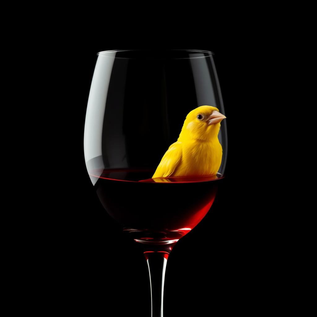 a vivid canary inside a crystal wine glass filled with deep red wine, situated against a dark, moody background, creating a striking contrast, the glass reflecting minimal light to emphasize the richness of the wine, the canary's bright yellow feathers glowing softly in the low light, evoking a sense of intrigue and mystery