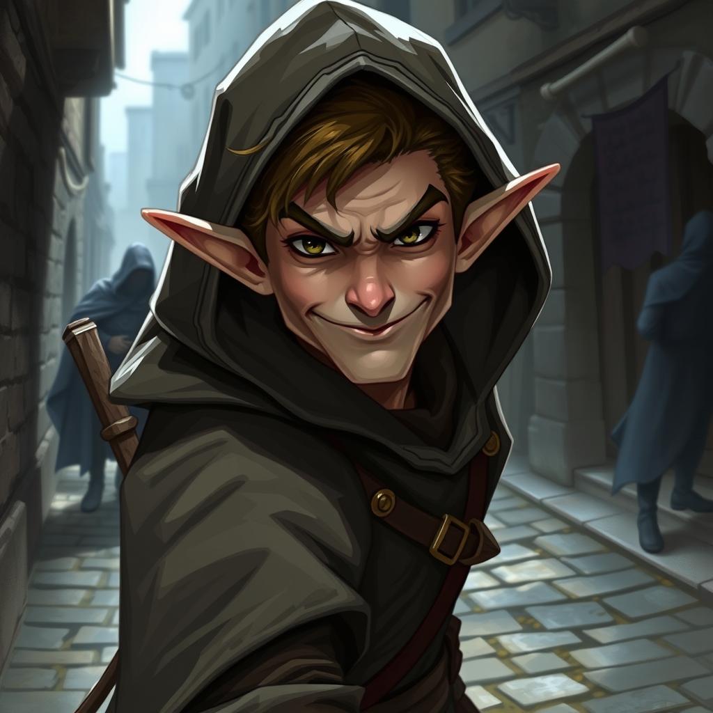 A mischievous half-elf man, embodying the traits of a rogue thief, with striking black eyes that reflect his cunning nature