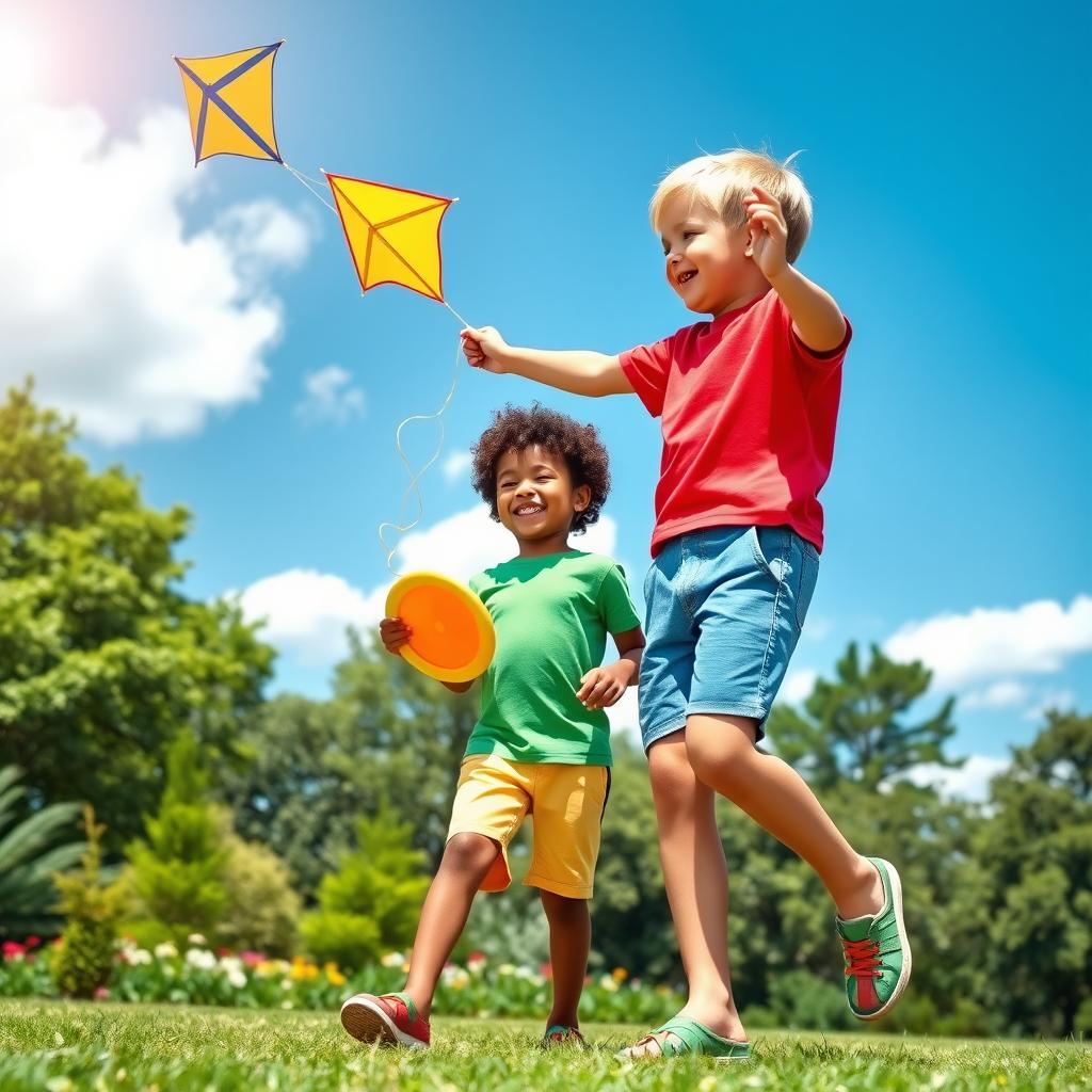 A vibrant and playful scene capturing two boys enjoying their time together in a bright, sunny park