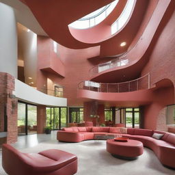 A large four-bedroom, three-bathroom modern home, designed in a curved shape with red interlocking bricks. It features an open floor plan with tall ceilings and an upscale loft area.