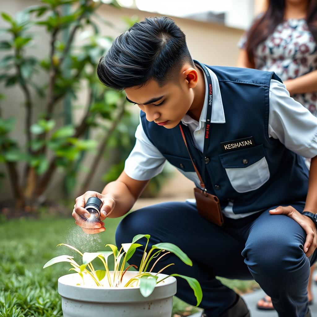 A handsome Malaysian young man with a burst fade hairstyle is in a squatting position, examining a flower pot with standing water using a flashlight in a yard