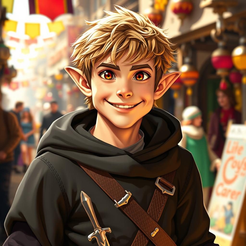 A cheerful half-elf man rogue thief with vibrant brown eyes, wearing a stylish dark tunic, a mischievous grin on his face, and a dagger tucked into his belt