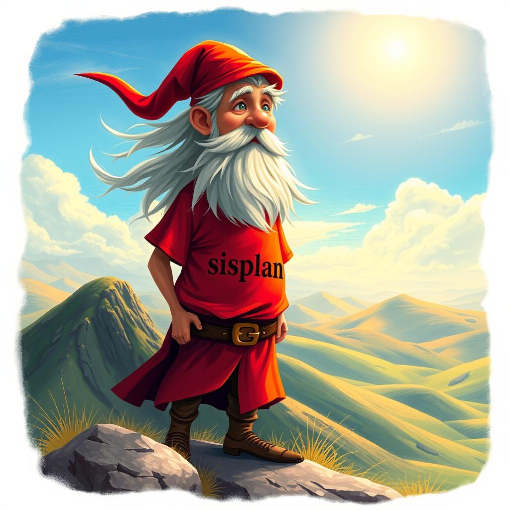 An imaginative and whimsical depiction of a character resembling Gandalf, the wizard, wearing a bright red rock t-shirt with the word "sisplan" emblazoned on the front