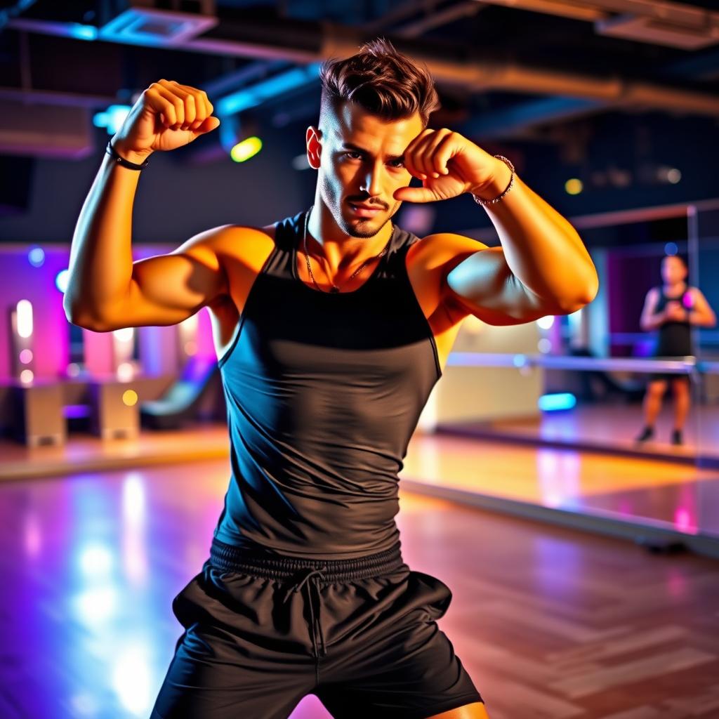 A dynamic and energetic scene featuring a male bachata dancer, embodying the essence of the 'King of Bachata'