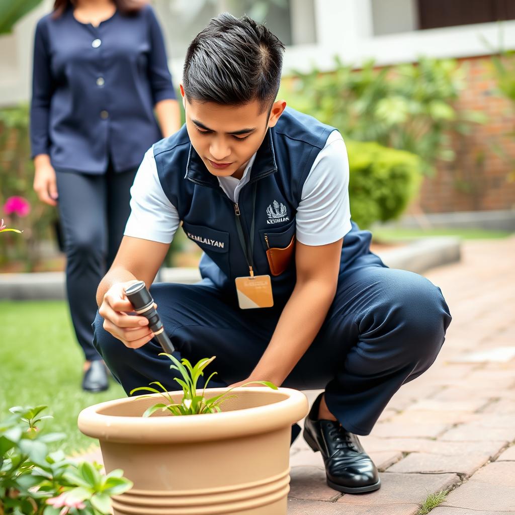 A handsome young Malaysian man in a squatting position, examining a flower pot filled with standing water using a flashlight