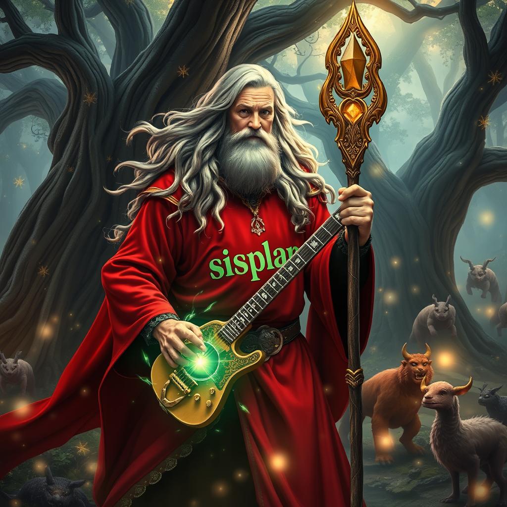 A powerful wizard in an enchanting forest, wearing a vibrant red rock shirt with the word "sisplan" emblazoned across it