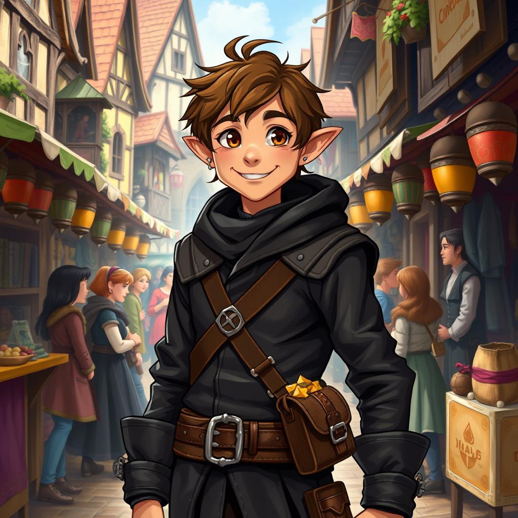 A cheerful half-elf man rogue, with short tousled brown hair and warm brown eyes, dressed in a stylish dark leather outfit that blends seamlessly into the shadows