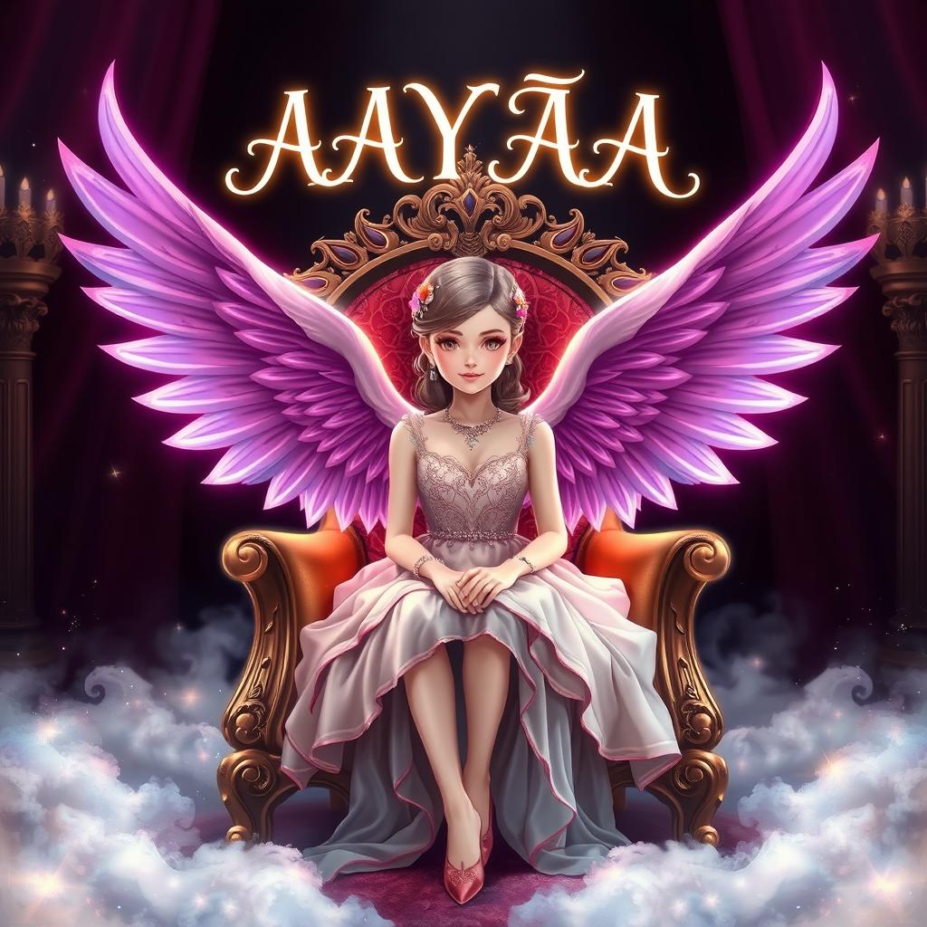 A beautiful girl with wings sitting on a throne, wearing an elegant dress, surrounded by a magical aura