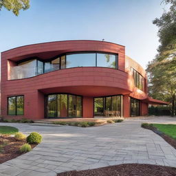 A large four-bedroom, three-bathroom modern home, designed in a curved shape with red interlocking bricks. It features an open floor plan with tall ceilings and an upscale loft area.