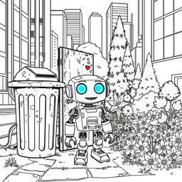 Create a detailed black and white coloring book page illustrating the tale of a small robot named Tom