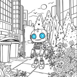 Create a detailed black and white coloring book page illustrating the tale of a small robot named Tom