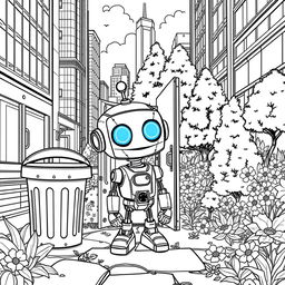 Create a detailed black and white coloring book page illustrating the tale of a small robot named Tom