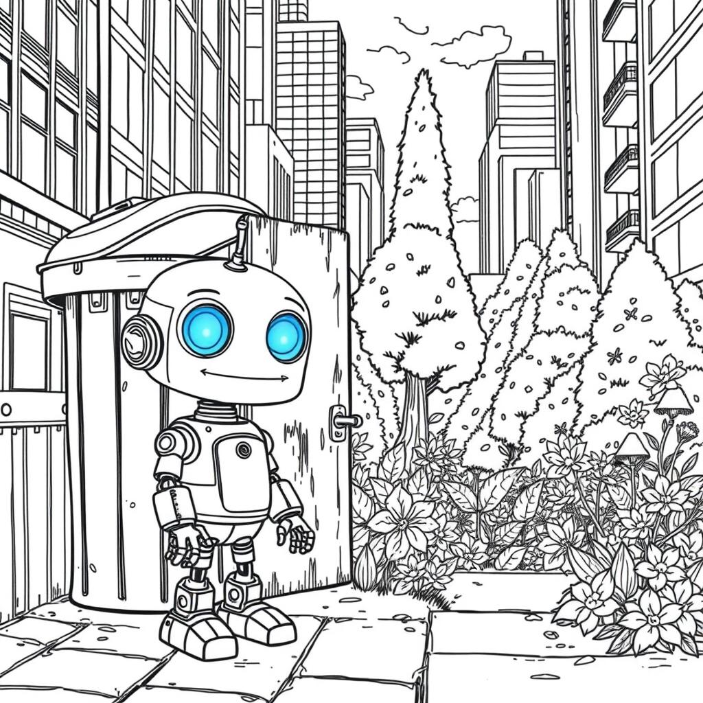 Create a detailed black and white coloring book page illustrating the tale of a small robot named Tom