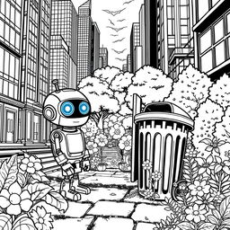 Create a detailed black and white coloring book page illustrating the tale of Tom, a small recently built robot with large glowing blue eyes and shiny metal joints