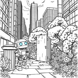Create a detailed black and white coloring book page illustrating the tale of Tom, a small recently built robot with large glowing blue eyes and shiny metal joints