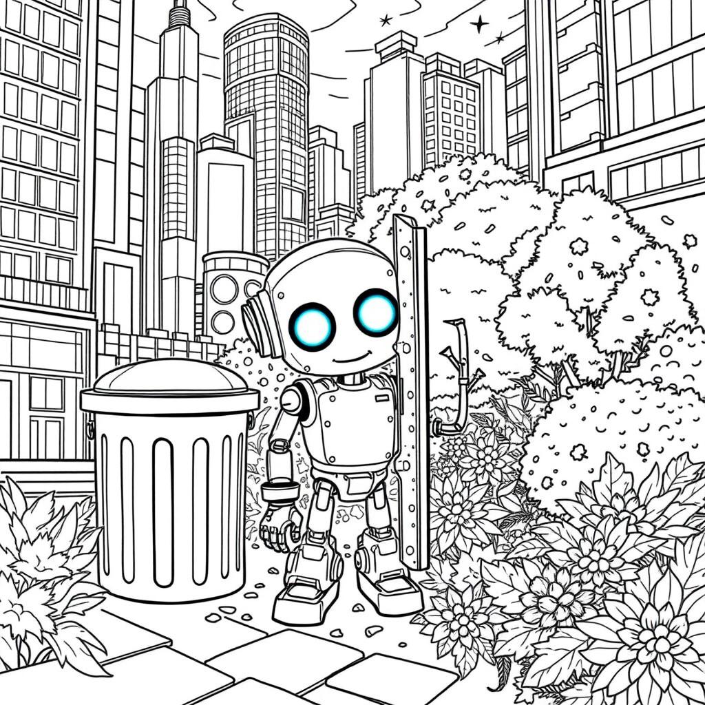 Create a detailed black and white coloring book page illustrating the tale of Tom, a small recently built robot with large glowing blue eyes and shiny metal joints
