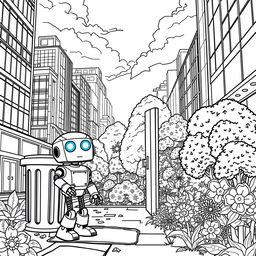 Create a detailed black and white coloring book page illustrating the tale of Tom, a small recently built robot with large glowing blue eyes and shiny metal joints