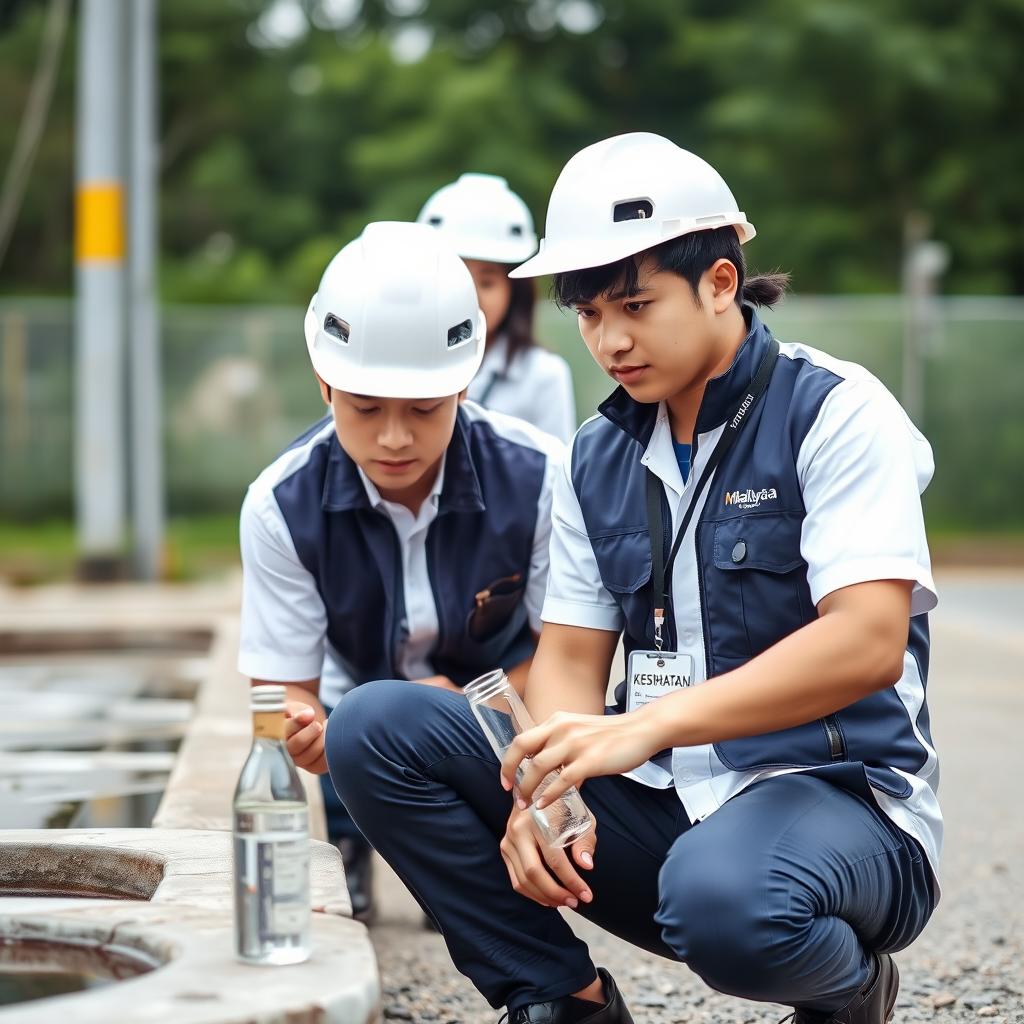 A handsome young Malaysian man squatting down, examining a glass water sampling bottle near a water dumping area