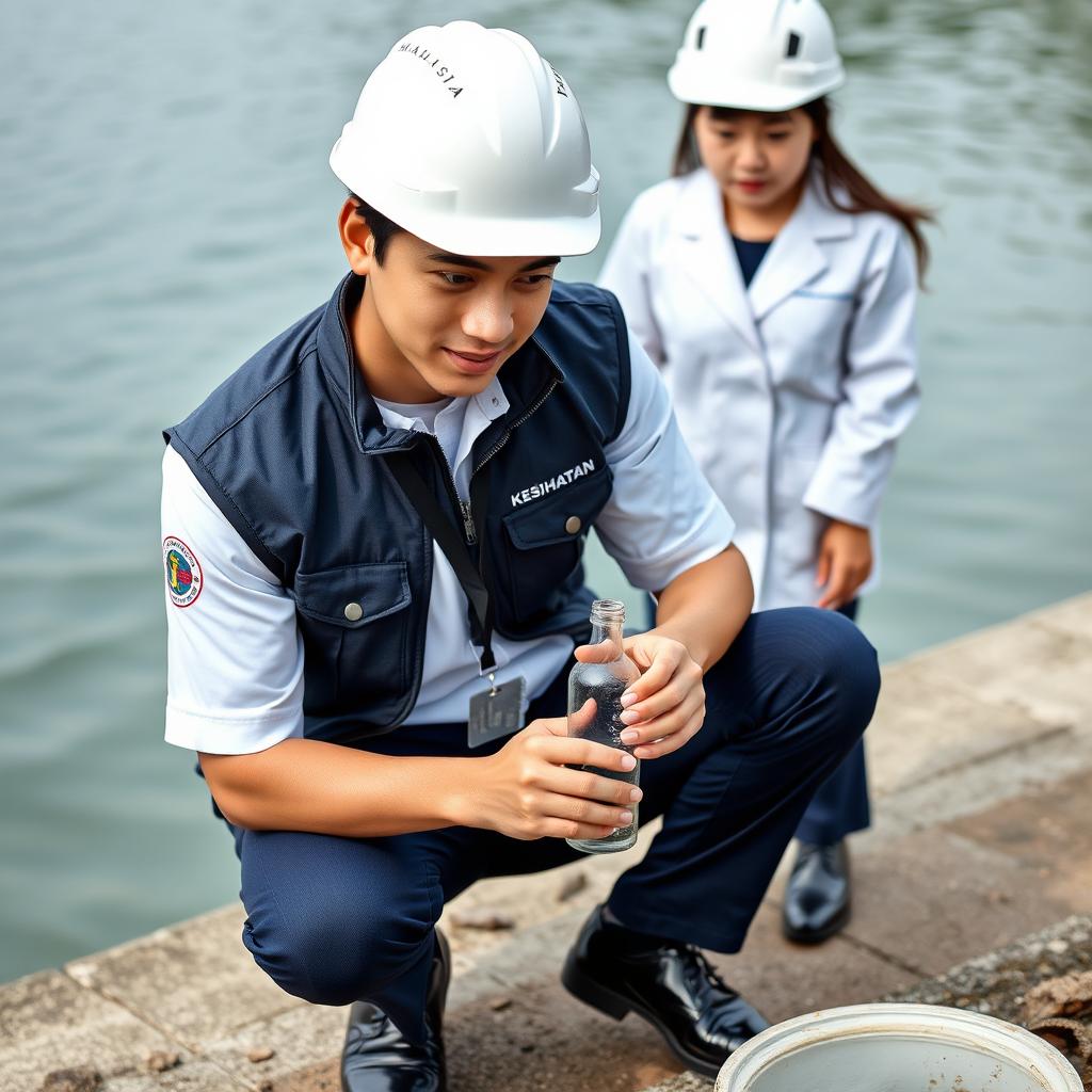 A handsome young Malaysian man with a charming face, wearing a white safety helmet and a white short-sleeved uniform without a tie