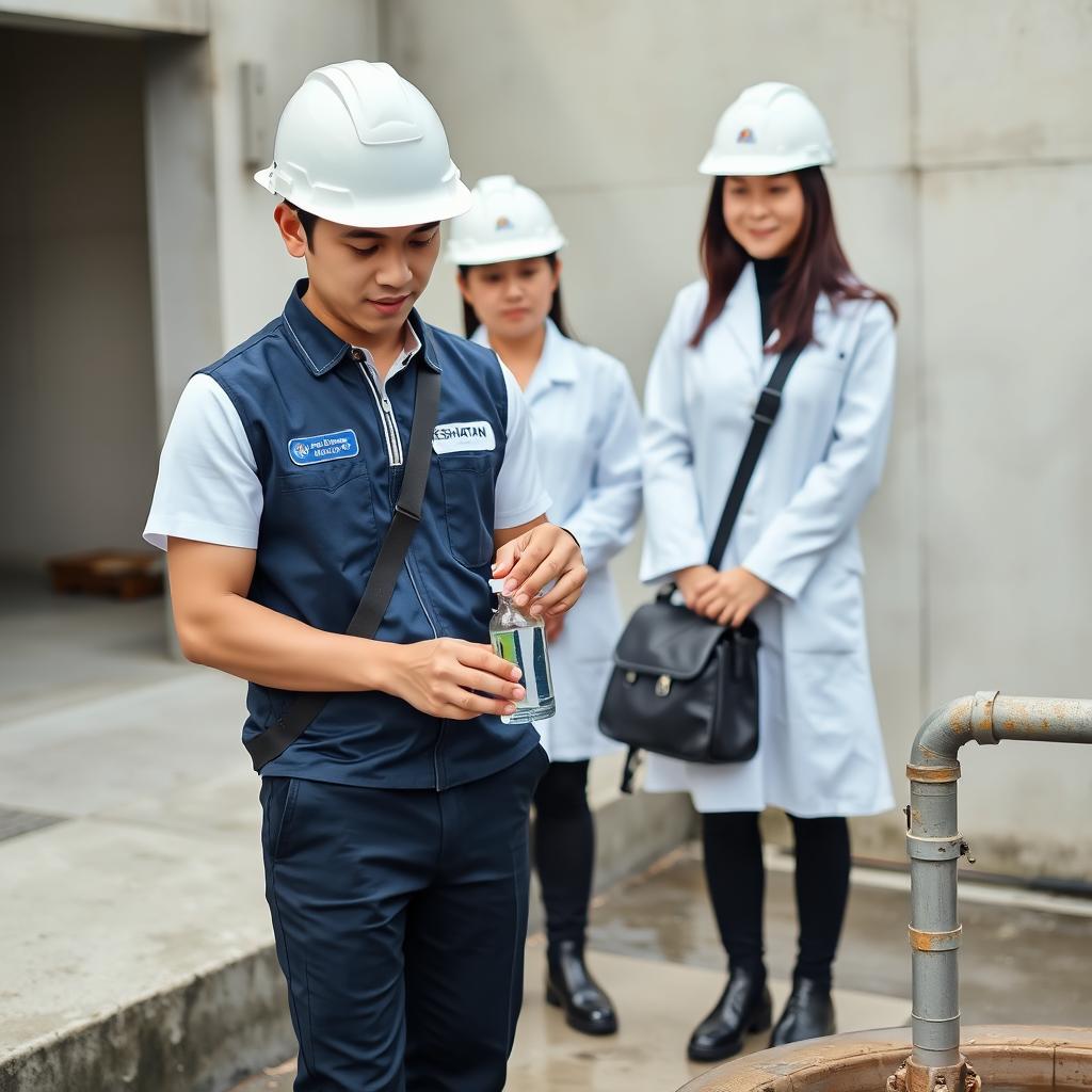 A handsome young Malaysian man, with a charming face, wearing a white safety helmet and a white short-sleeved uniform without a tie