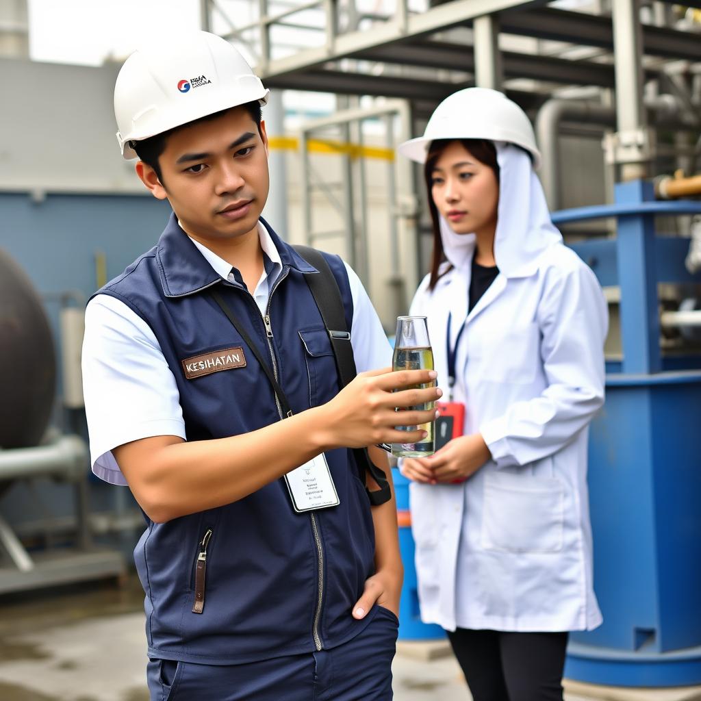 A handsome Malaysian young man with a striking face, wearing a white safety helmet, is dressed in a crisp white short-sleeved uniform without a tie
