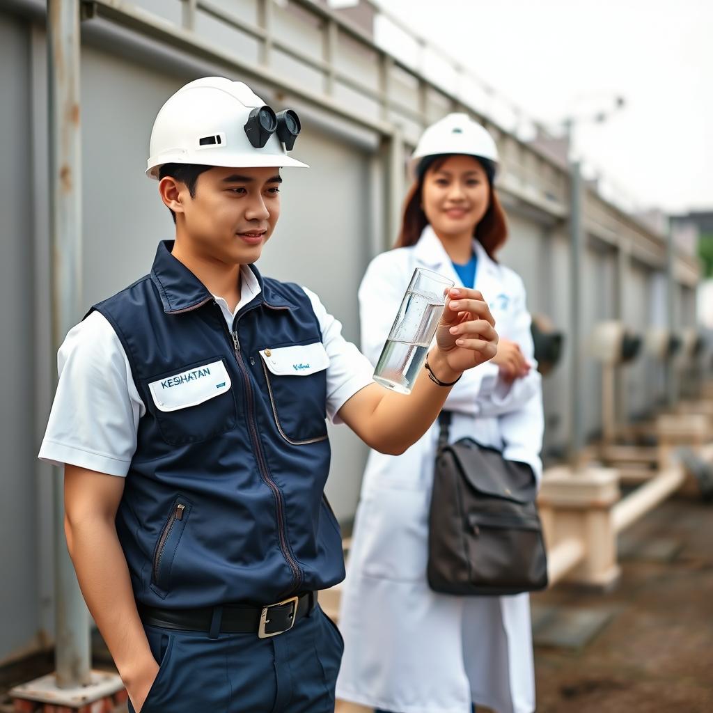 A handsome Malaysian young man with a charming face, wearing a white safety helmet, dressed in a white short-sleeved uniform without a tie, covered by a dark blue zipped collar vest featuring the Malaysia ministry's logo on the left pocket