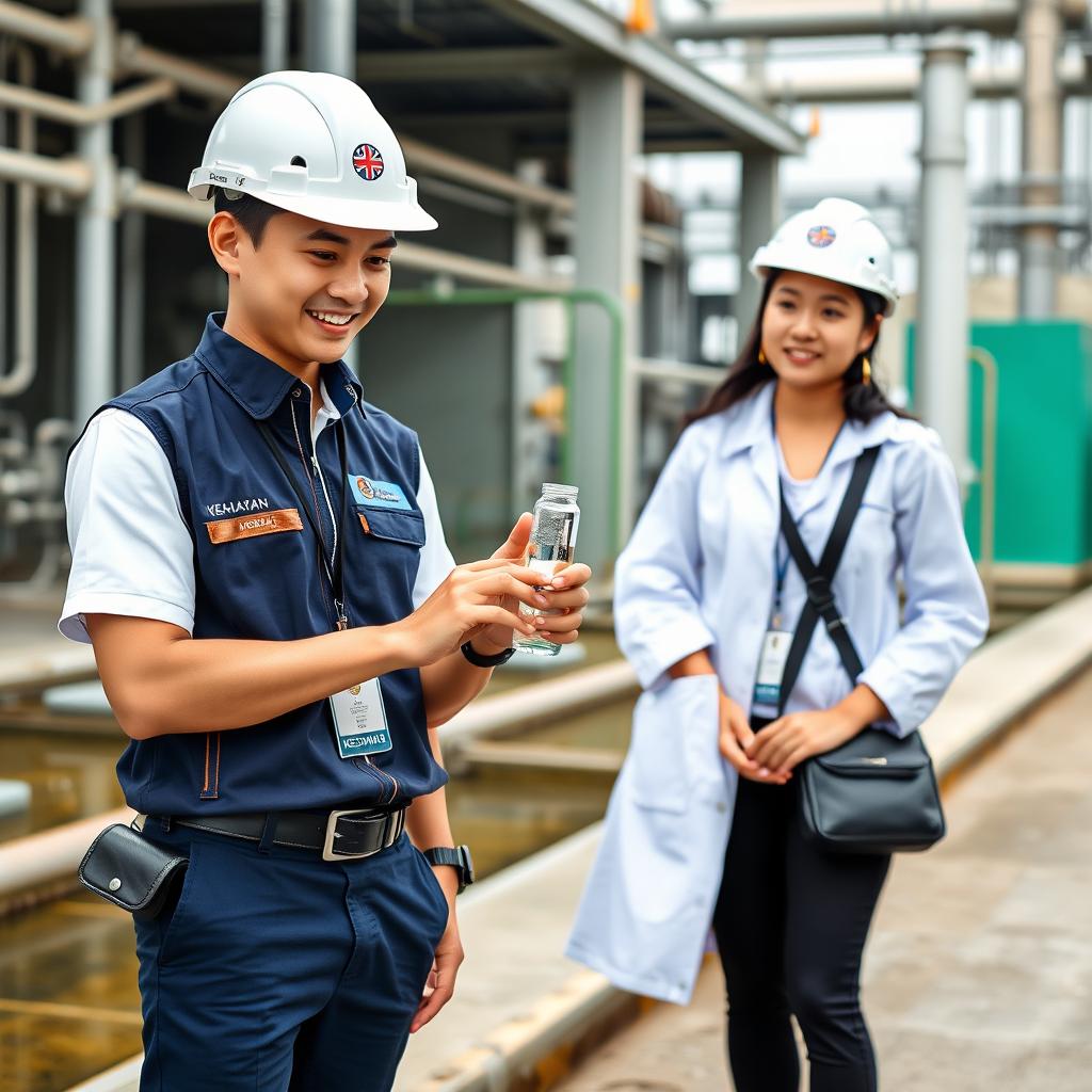 A handsome Malaysian young man with a friendly expression, wearing a white safety helmet and a white short-sleeved uniform without a tie, is wearing a dark blue zipped collar vest featuring the Malaysia ministry’s logo on the left pocket