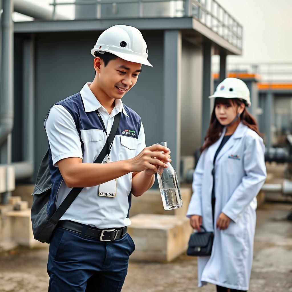 A handsome young Malaysian man with a charming face, wearing a white safety helmet and a white short-sleeved uniform, without a tie