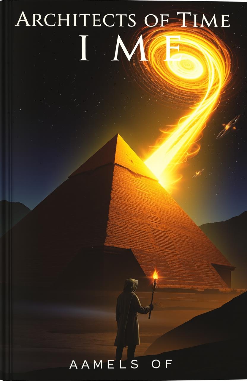 A stunning book cover depicting an ancient Egyptian pyramid at night, with its peak glowing with an eerie, futuristic light