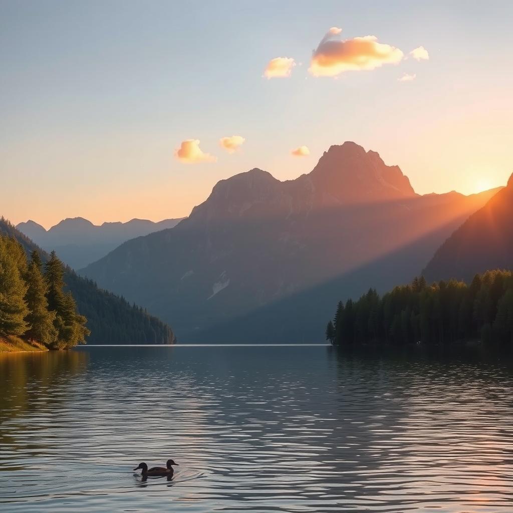 A serene landscape featuring a tranquil lake surrounded by majestic mountains