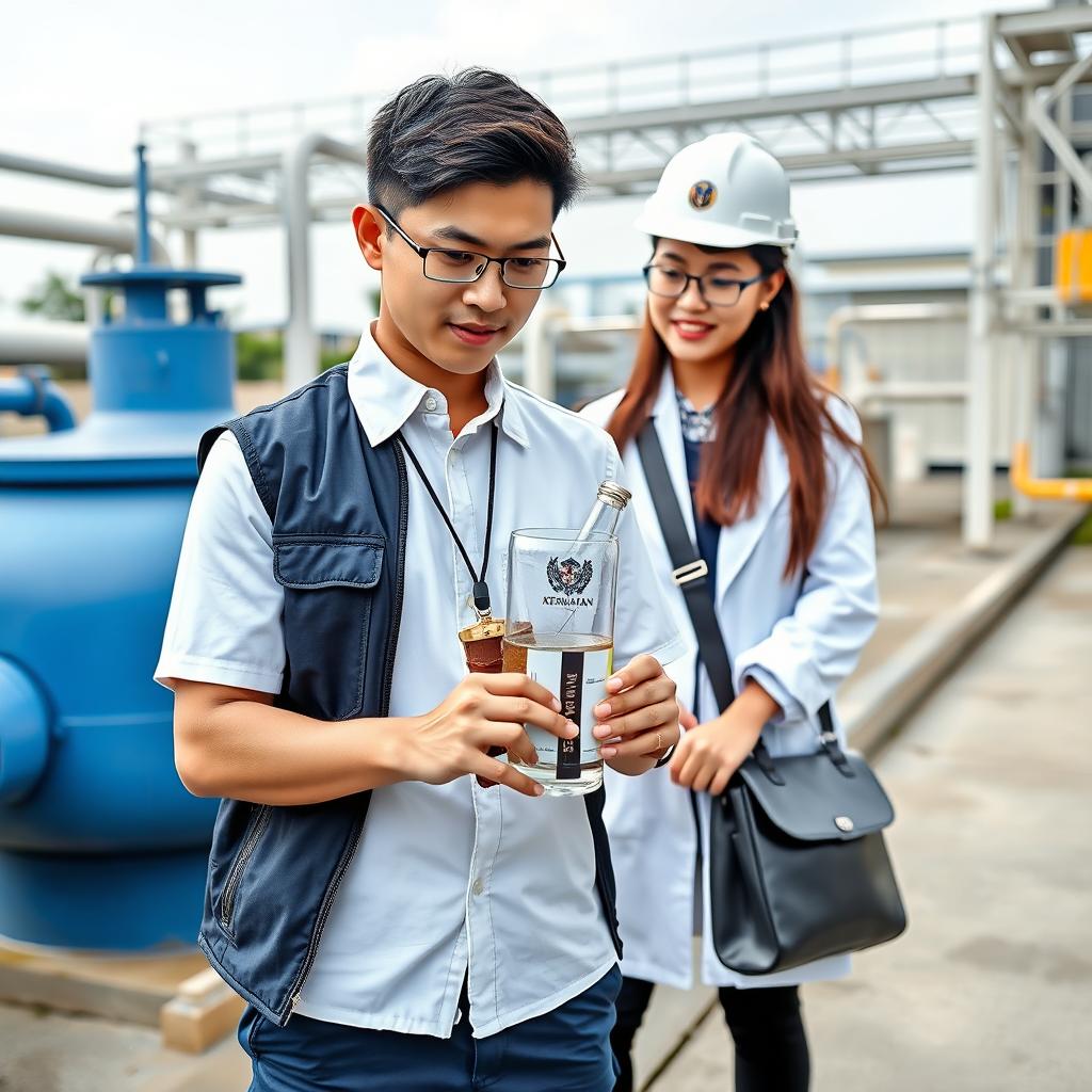 A handsome Malaysian young man with a confident expression is standing near a water treatment plant area