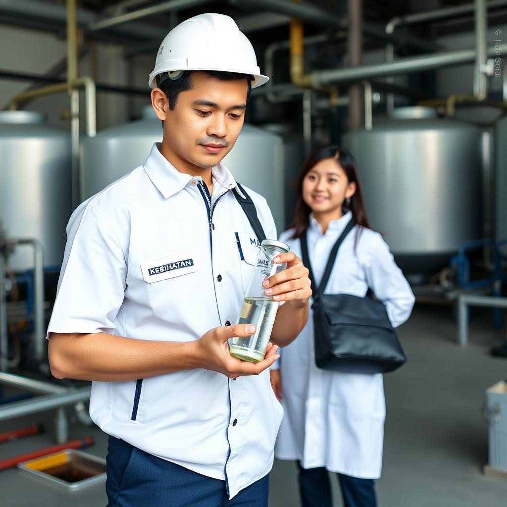 A handsome Malaysian man with a charming face, wearing a white safety helmet, dressed in a white short-sleeved uniform without a tie, covered by a dark blue zipped collar vest featuring Malaysia's ministry logo on the left pocket