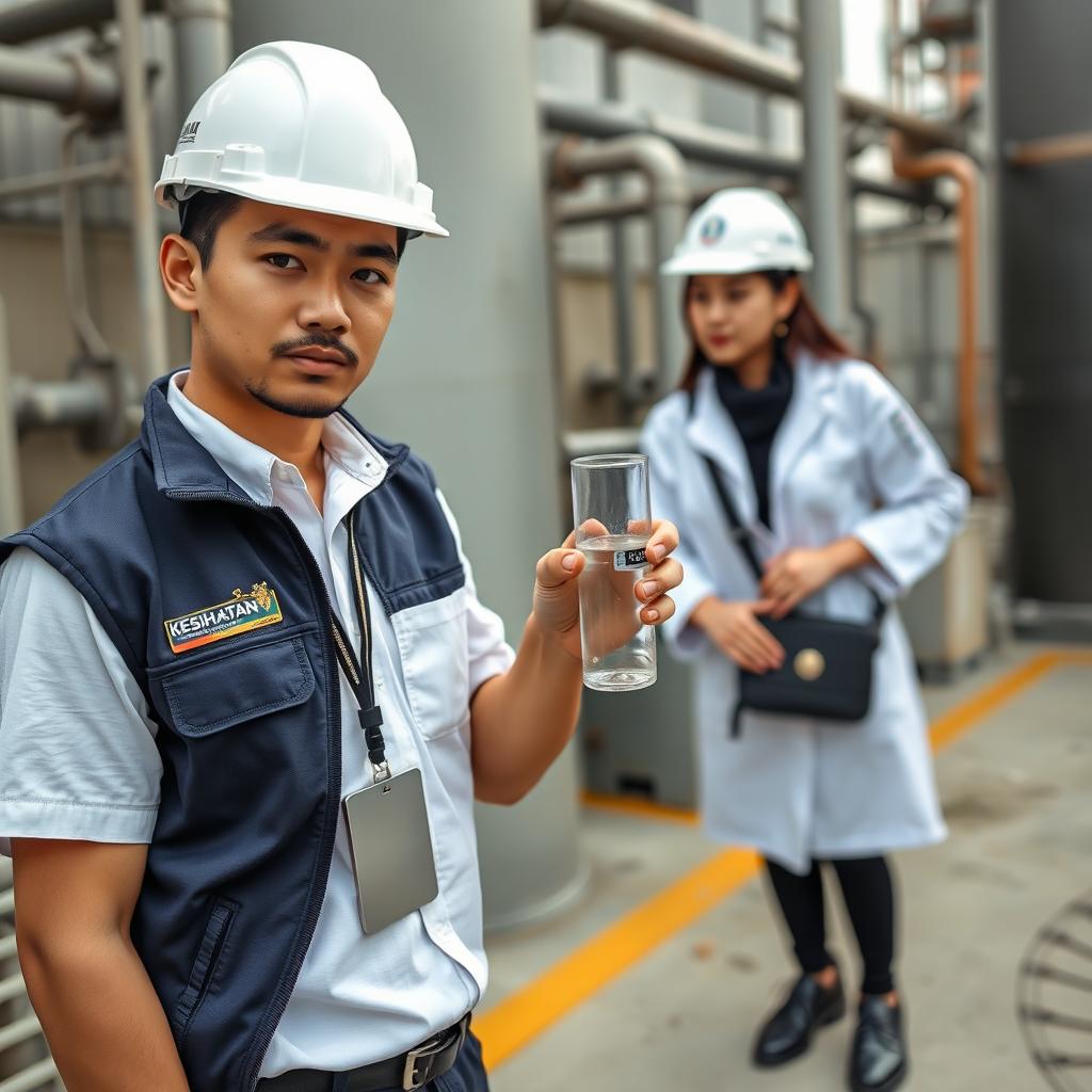 A handsome Malaysian man with a striking face is wearing a white safety helmet and a short-sleeved white uniform without a tie
