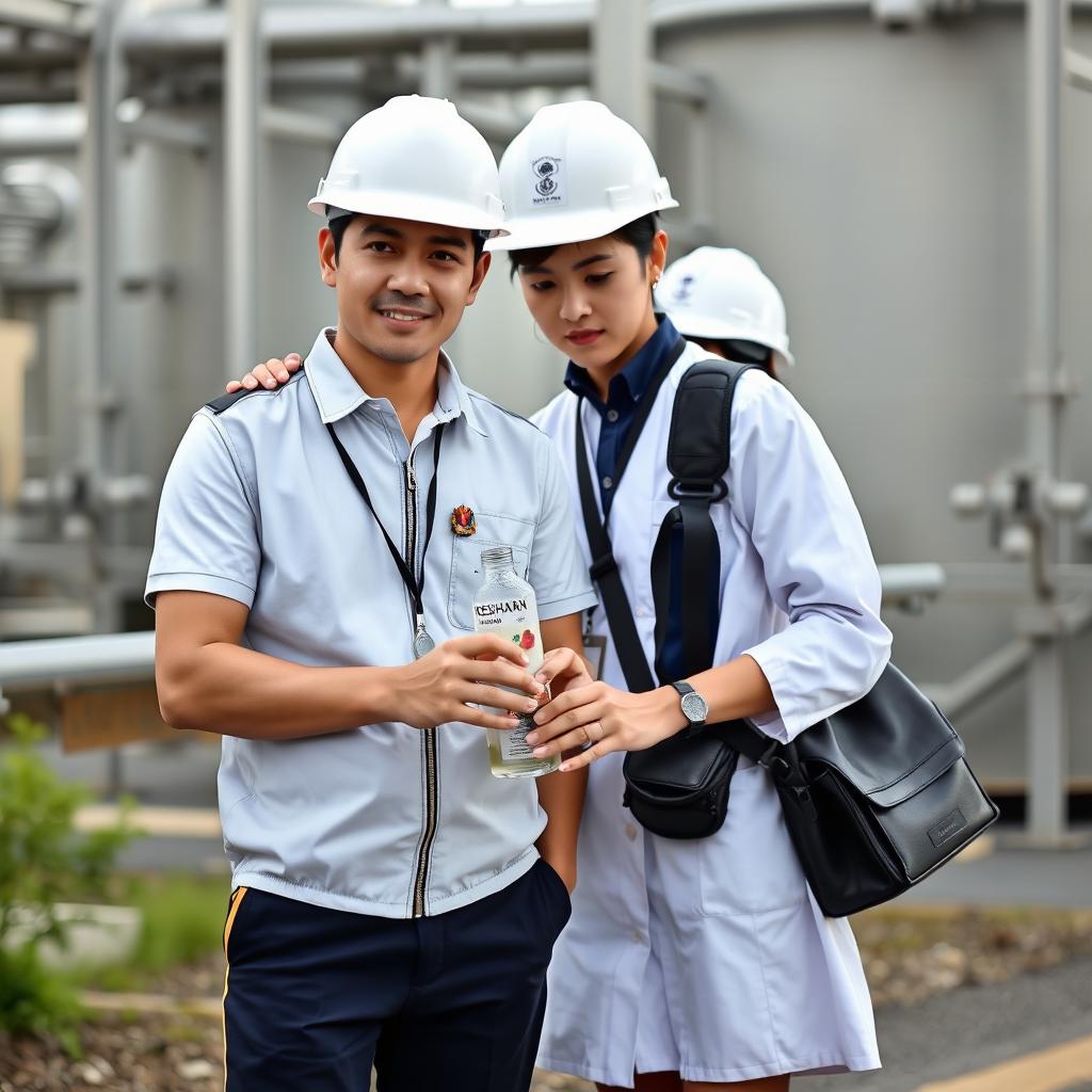 A handsome Malaysian man with a striking face, wearing a white safety helmet, is dressed in a short-sleeved white uniform without a tie