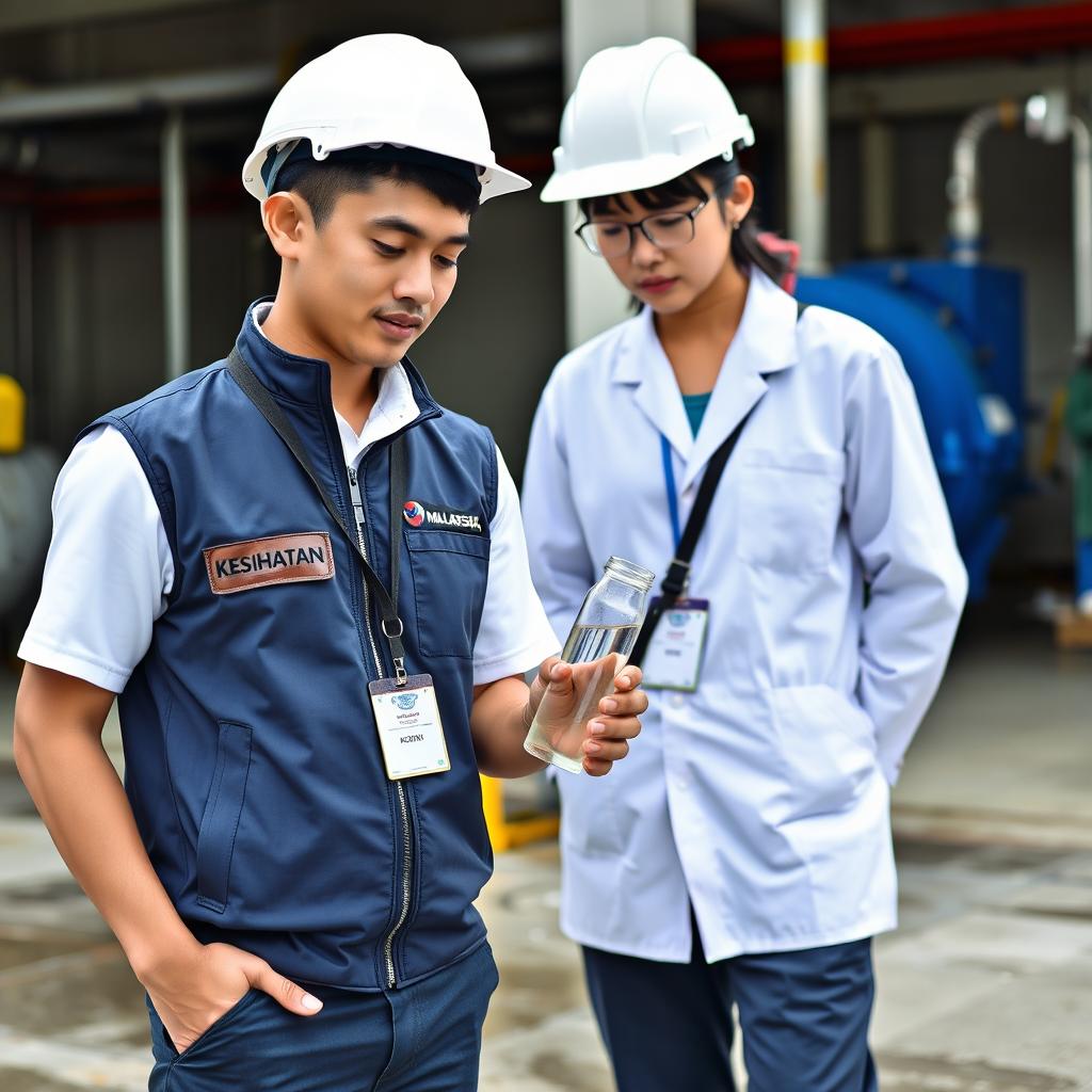 A handsome Malaysian man with a charming face, wearing a white safety helmet and a short-sleeved white uniform without a tie