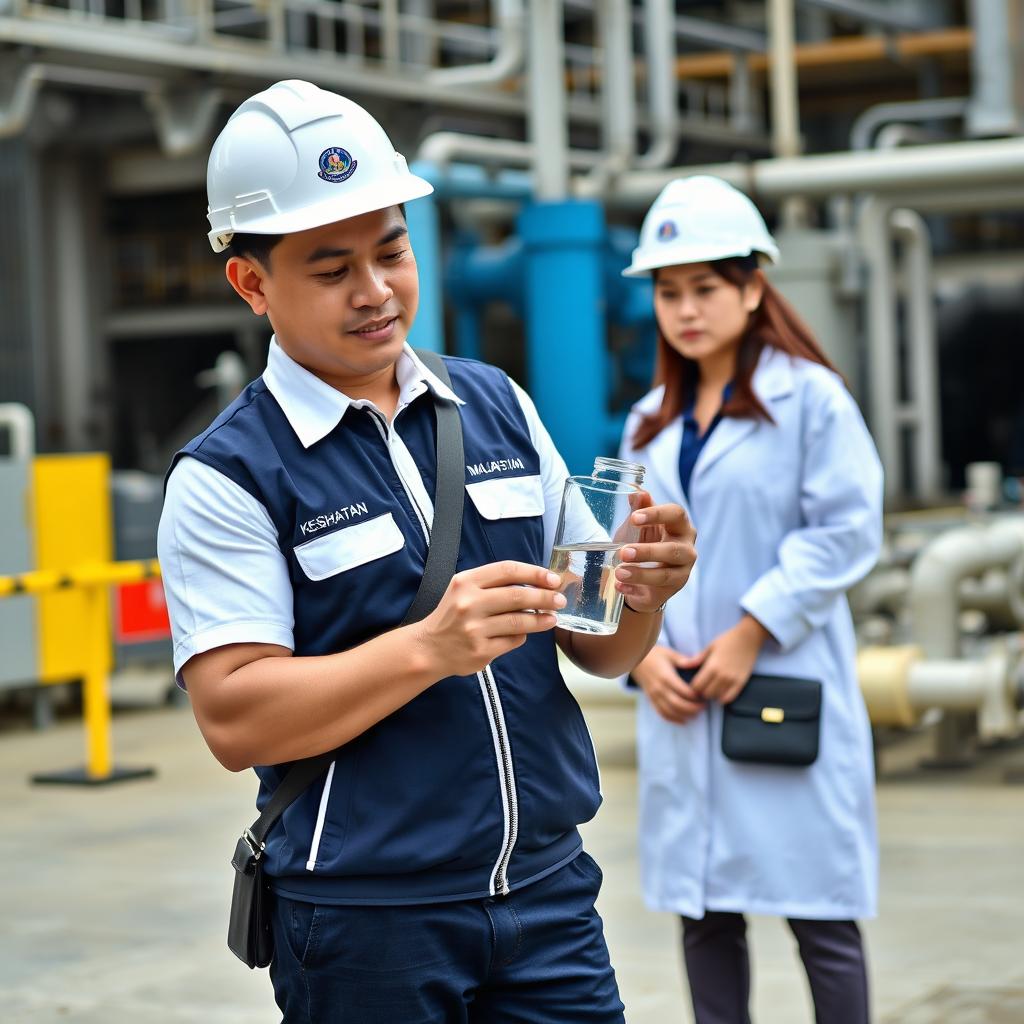 A handsome Malaysian man with a strong face wearing a white safety helmet, dressed in a white short-sleeved uniform without a tie, layered under a dark blue zipped collar vest featuring the Malaysian Ministry's logo on the left pocket