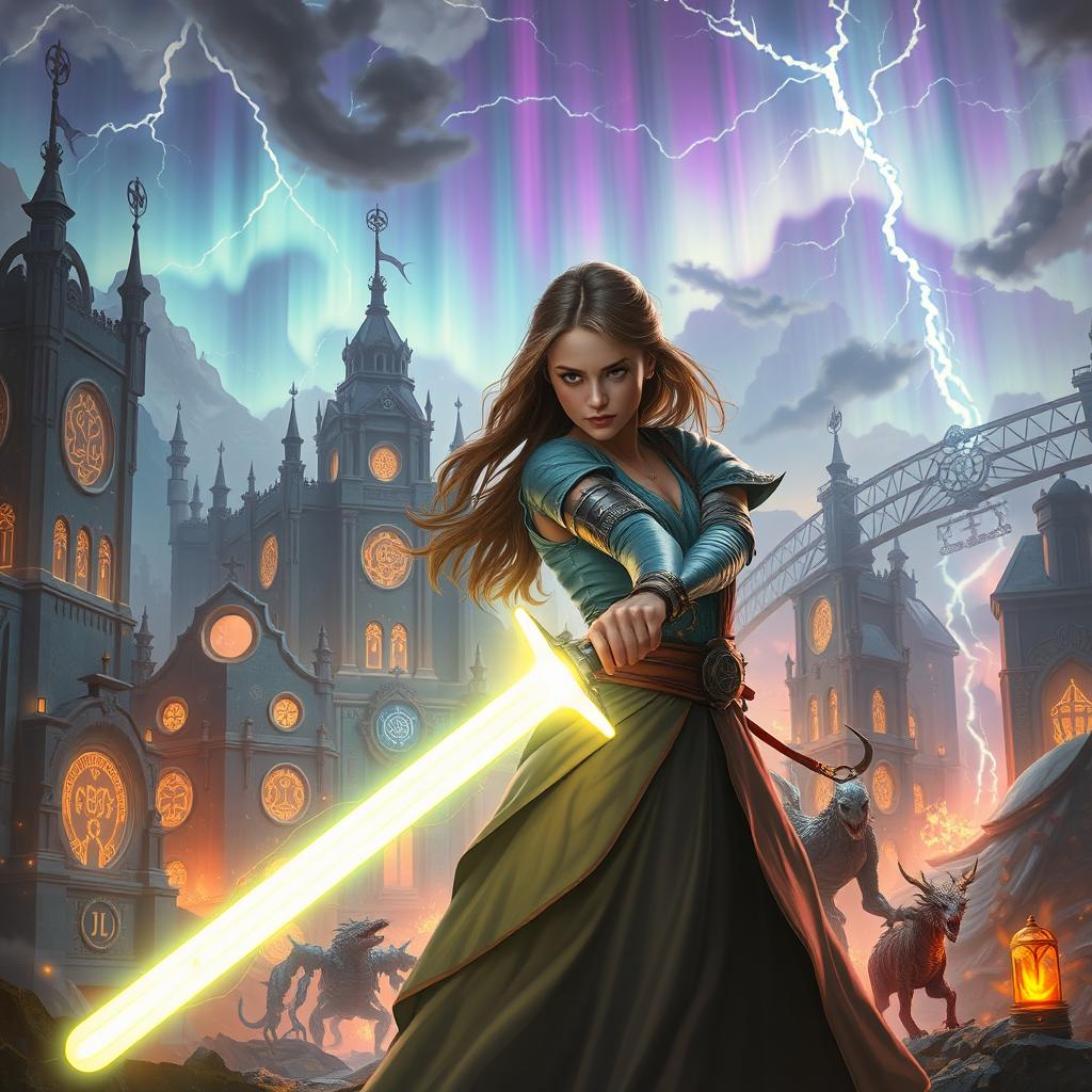 Lyra wielding her lightsaber in a fantastical setting that resembles the city of Neo-Avalon, featuring futuristic buildings and magical elements