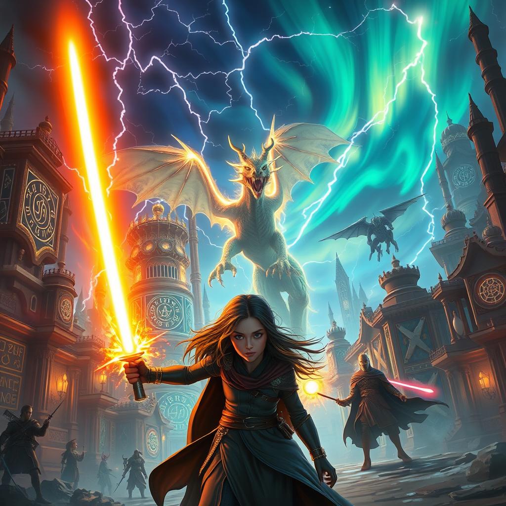 A dynamic scene featuring one or more main characters in the foreground, possibly Lyra wielding her glowing lightsaber