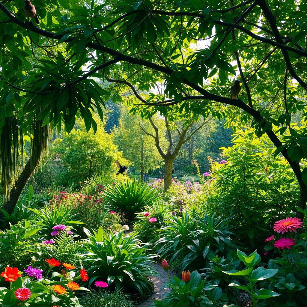 A beautiful and natural garden filled with lush green trees, various types of plants, and colorful flowers