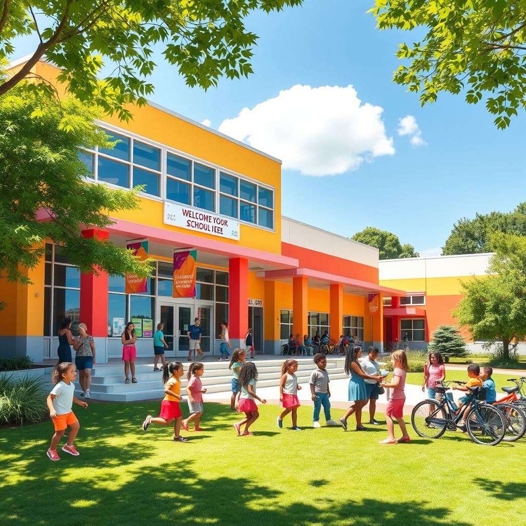 A vibrant and welcoming school environment featuring a modern building with bright colors, large windows, and a playground in front