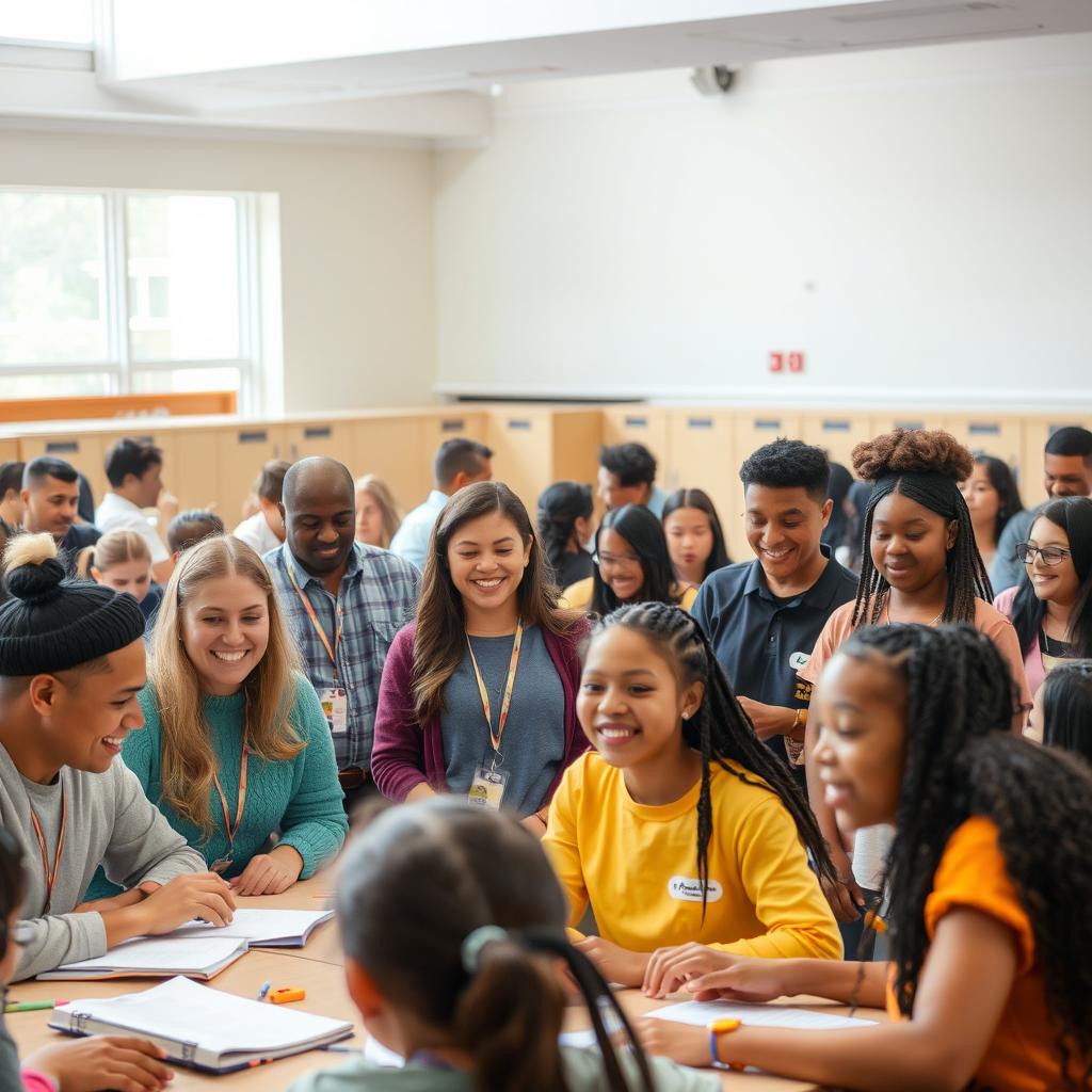 A real-life school environment bustling with activity, featuring adult volunteers engaging with students