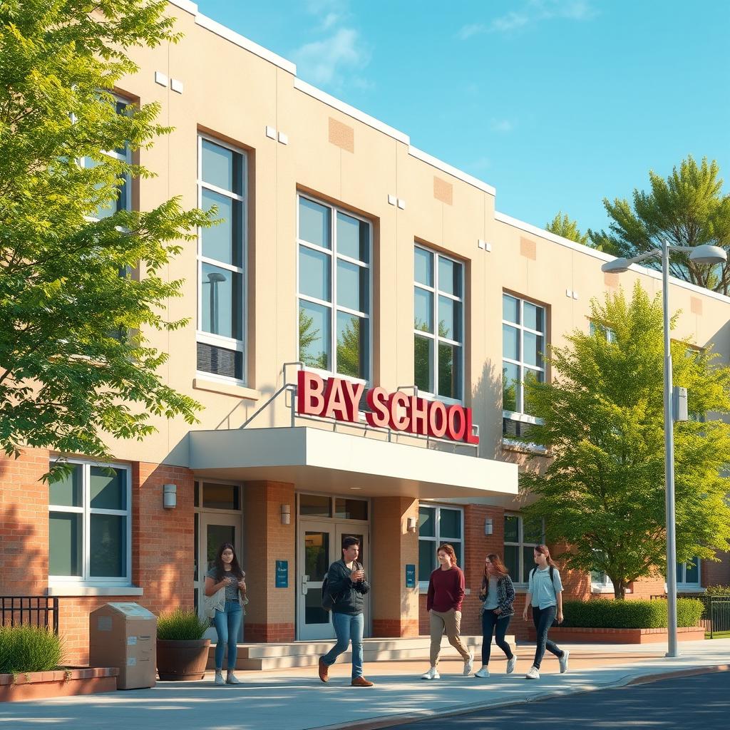 A realistic exterior view of a school building, showcasing its architecture and surrounding environment