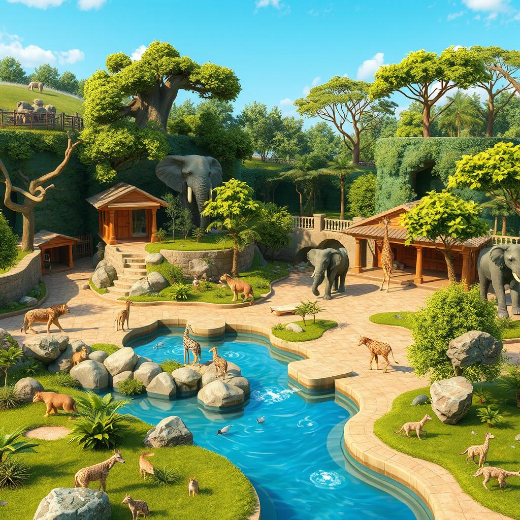 A realistic depiction of a zoo, showcasing various animal enclosures in a naturalistic setting