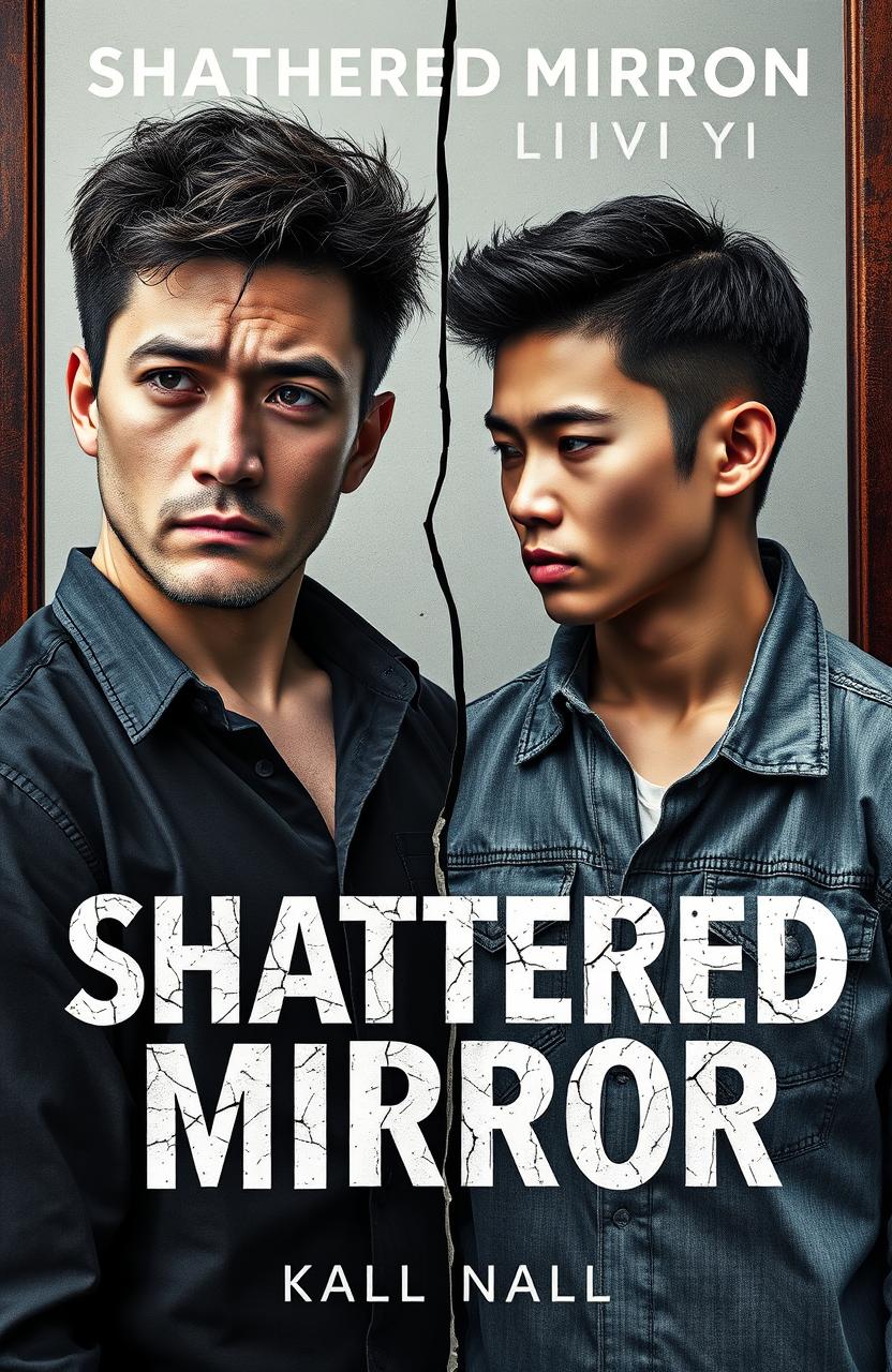 A book cover for 'Shattered Mirror' depicting emotional turmoil between Nathaniel and Adrian through their reflections in a large, fractured mirror