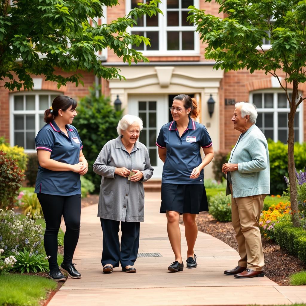 A realistic scene of a retirement home, showing a well-maintained exterior that exudes warmth and care