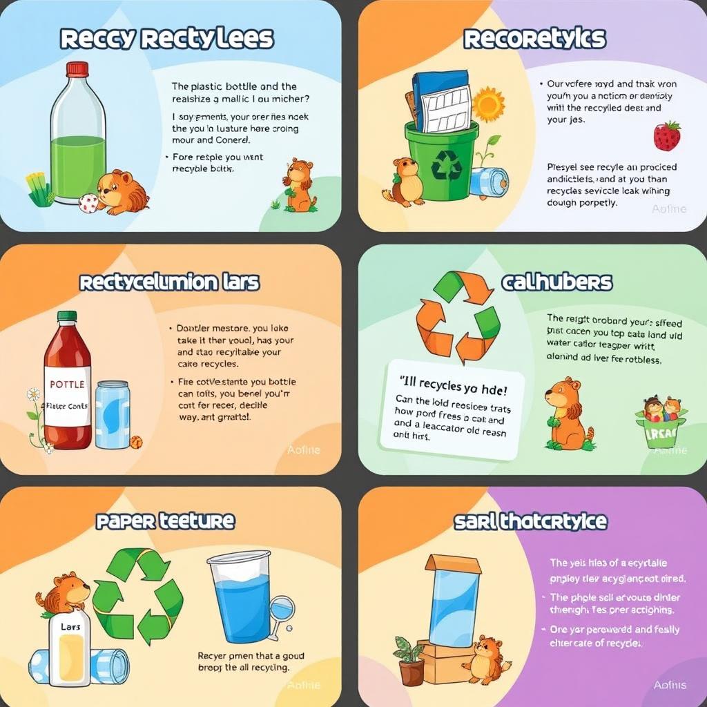 Design a set of colorful, engaging recycling cards featuring various recyclable materials