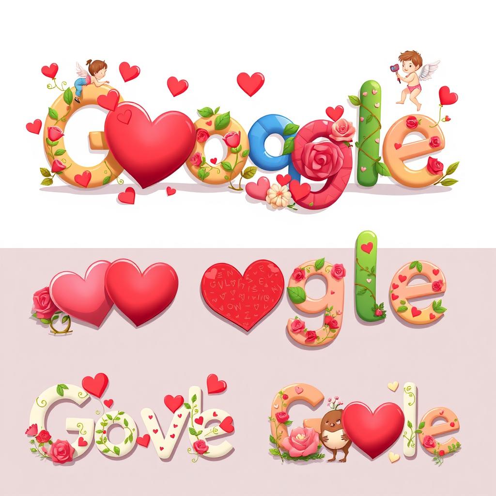 A collection of vibrant and colorful Google Doodles celebrating Valentine's Day