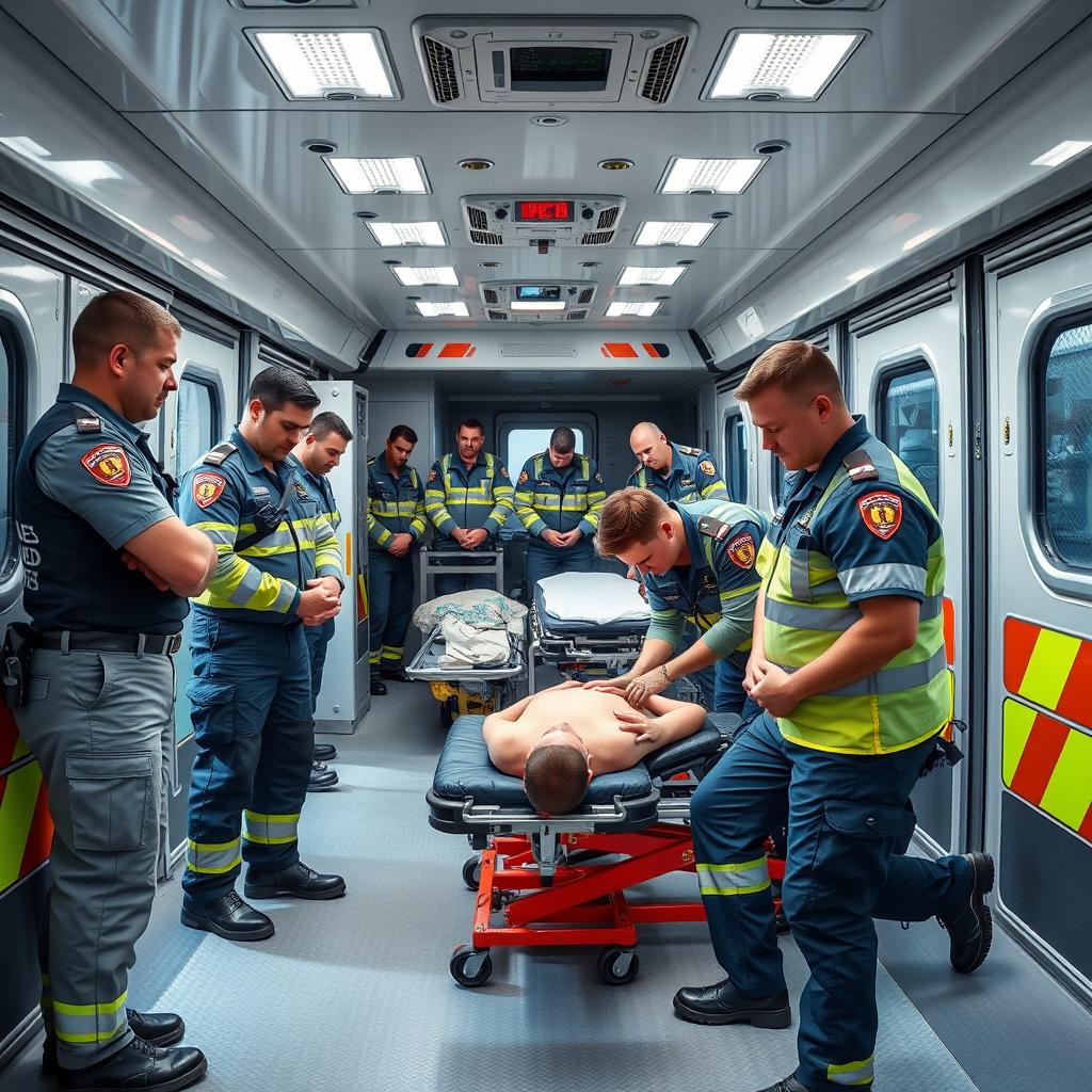 A realistic scene inside an ambulance training facility, where paramedics are actively engaged in training exercises